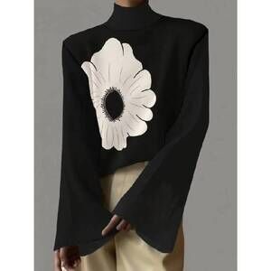 NEW UZWHOLESALE flared sleeves flower print high-neck t-shirts top in black